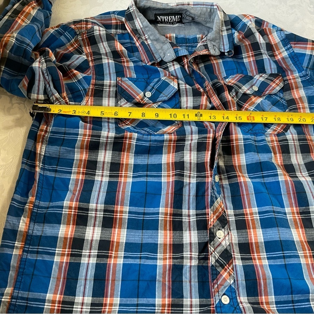Xtreme Couture 100% Cotton Shirt Mens Size XXL Blue Orange Plaid Button Up - Picture 6 of 9
